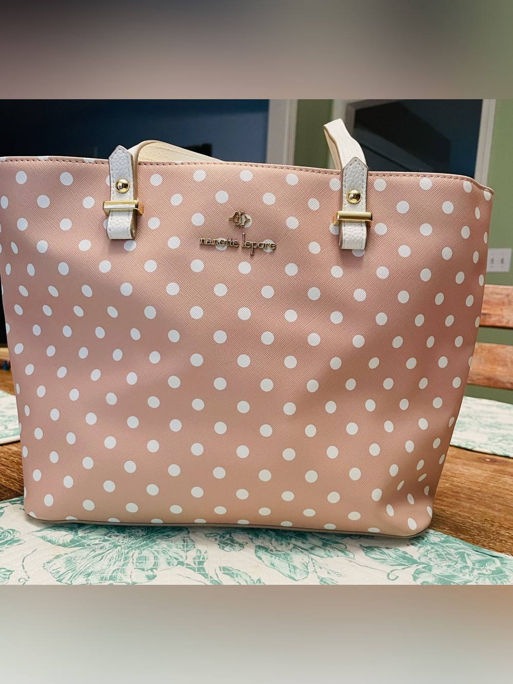 Nanette Lepore Tan/Peach and White Polka Dot Tote - Picture 8 of 11